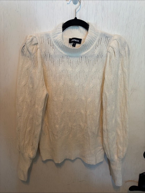 Express Sweaters - Express Cream Cable Knit Puff Sleeve Turtleneck Sweater